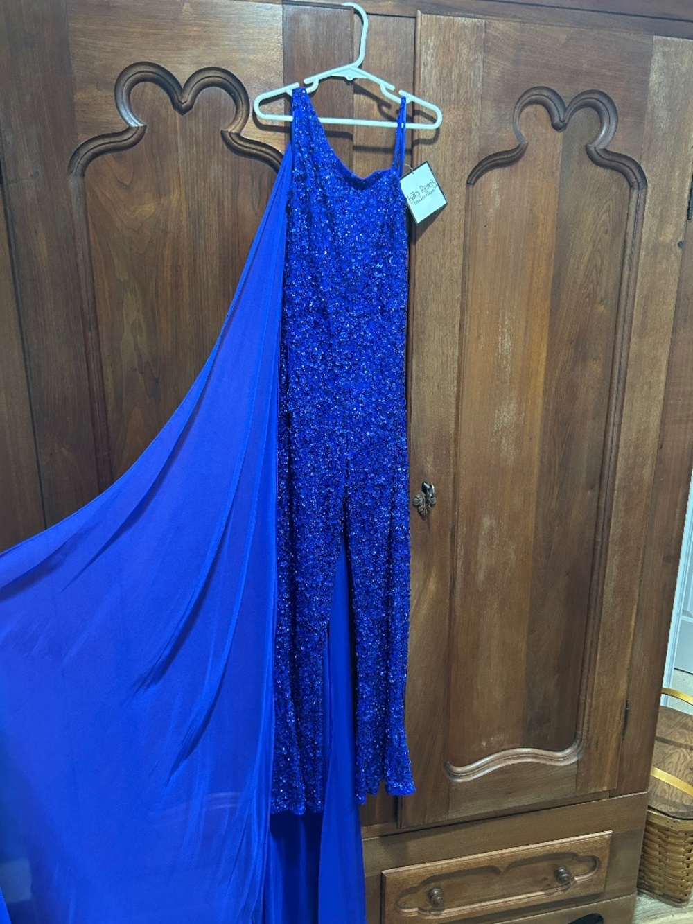 Ashley Lauren Kids royal blue sequin jumpsuit with cape